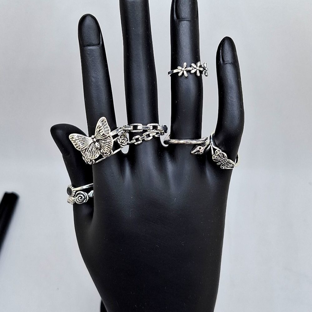Silver multi layer knuckle butterfly flower ring set